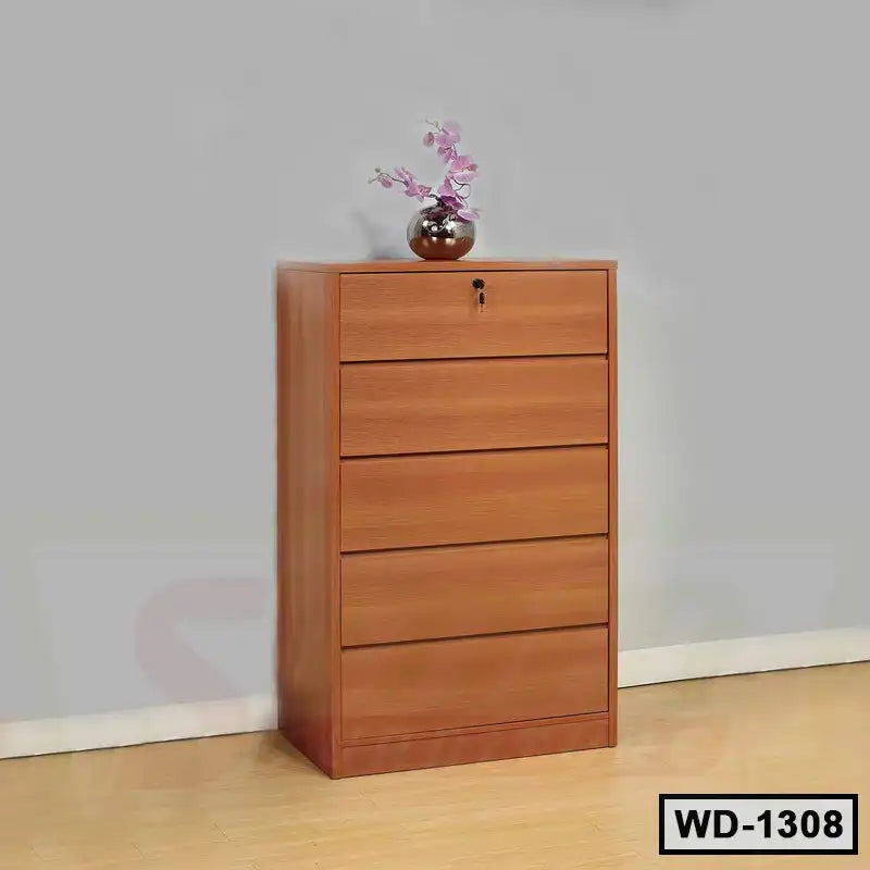 Modern wooden chest of drawers with lock, vase and flowers, suitable for home or office storage Main image