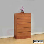 Modern wooden chest of drawers with lock, vase and flowers, suitable for home or office storage