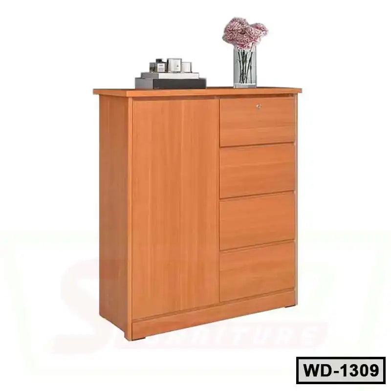 Modern wooden wardrobe with drawers, decorative vase and storage, perfect for home or office Main image