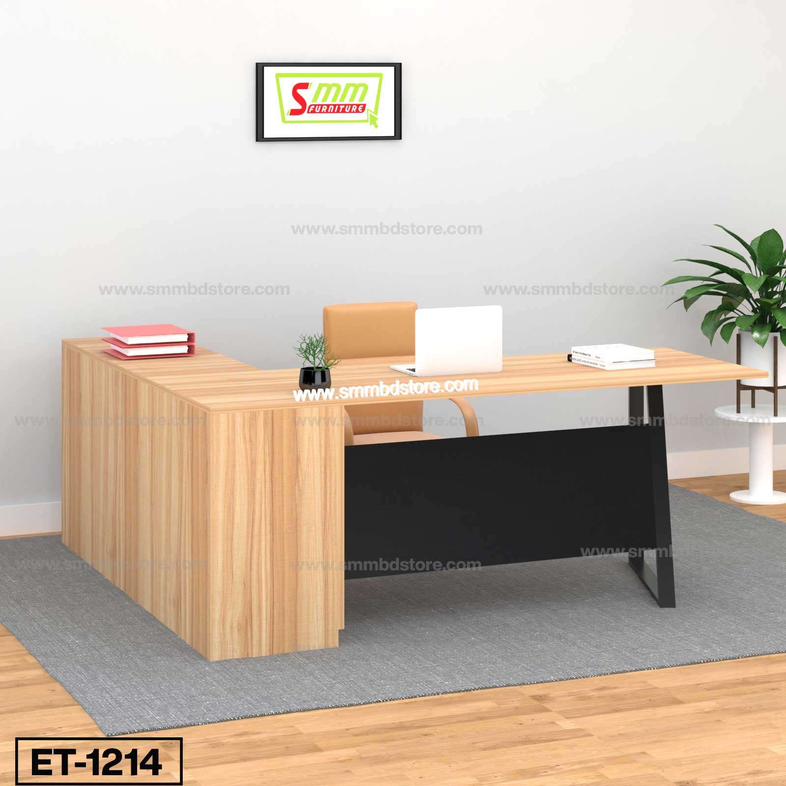 Modern L-shaped wooden office desk with chair, laptop, books, and indoor plant in minimal workspace.