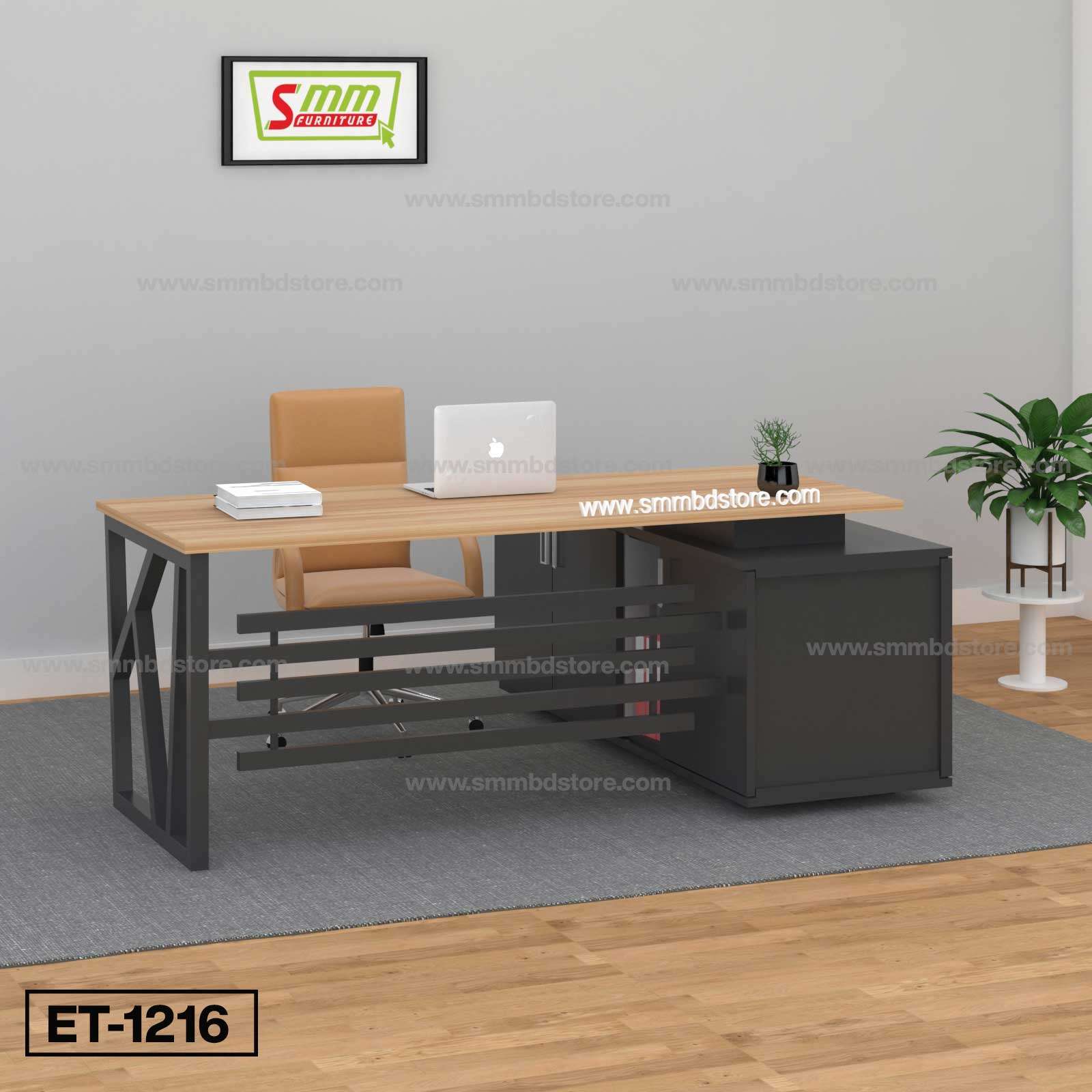 Modern executive office desk with wooden top, black metal frame, leather chair, and laptop. Main image