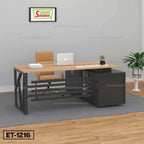 Modern executive office desk with wooden top, black metal frame, leather chair, and laptop.