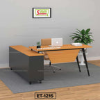 Modern wooden office desk ET-1215 with L-shaped design, chair, and laptop in a minimalist office setting