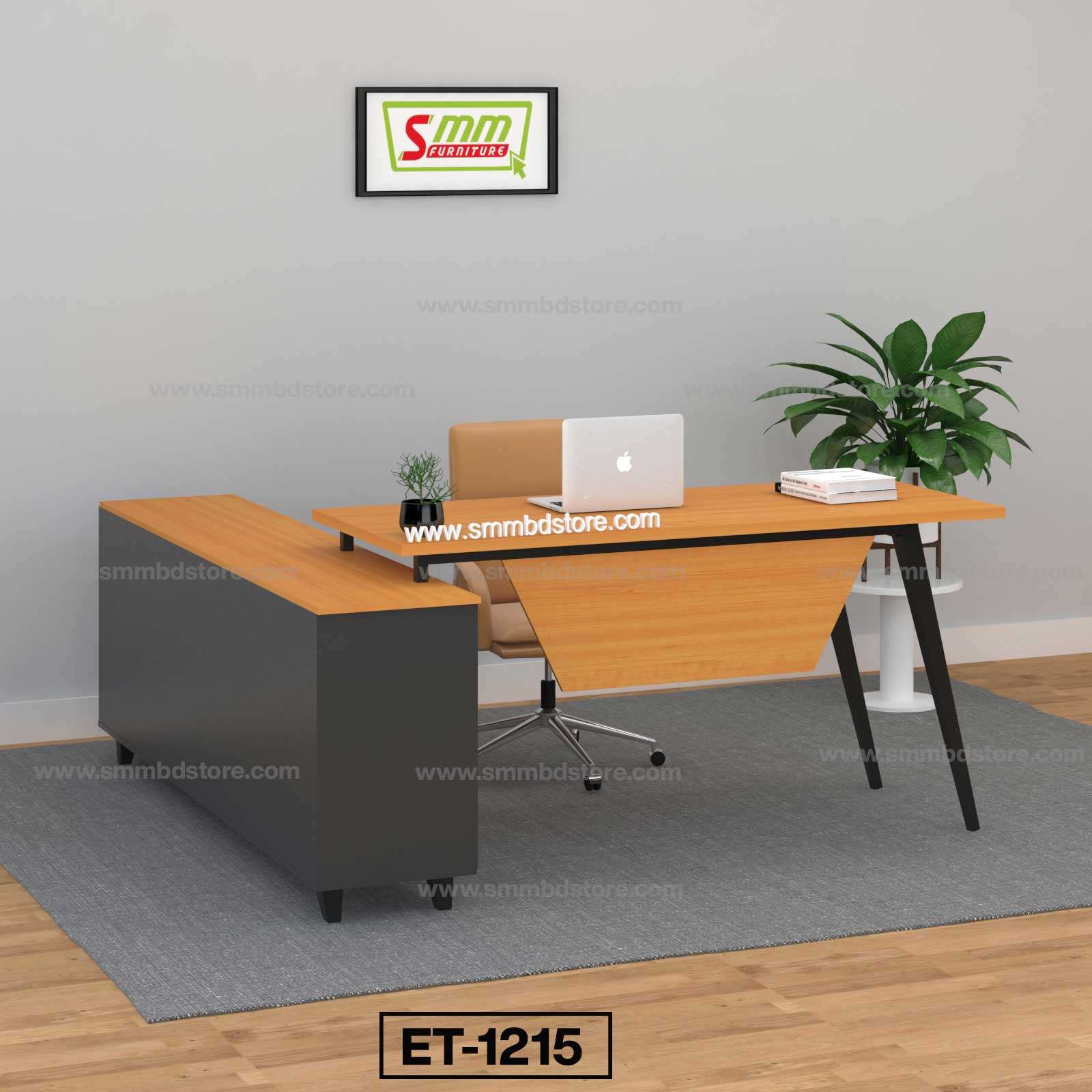 Modern wooden office desk ET-1215 with L-shaped design, chair, and laptop in a minimalist office setting