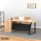 Modern office desk set with wooden L-shaped table, beige chair, laptop, and shelf