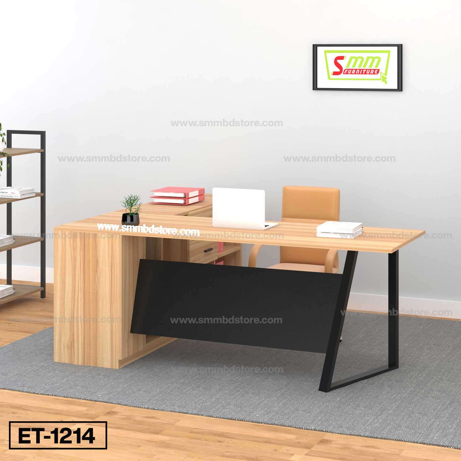 Modern office desk set with wooden L-shaped table, beige chair, laptop, and shelf