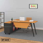 Modern L-shaped office desk with chair, laptop, and bookshelf in a minimalist workspace