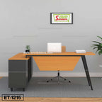 Modern wooden office desk with side storage, laptop, and chair in minimalist workspace