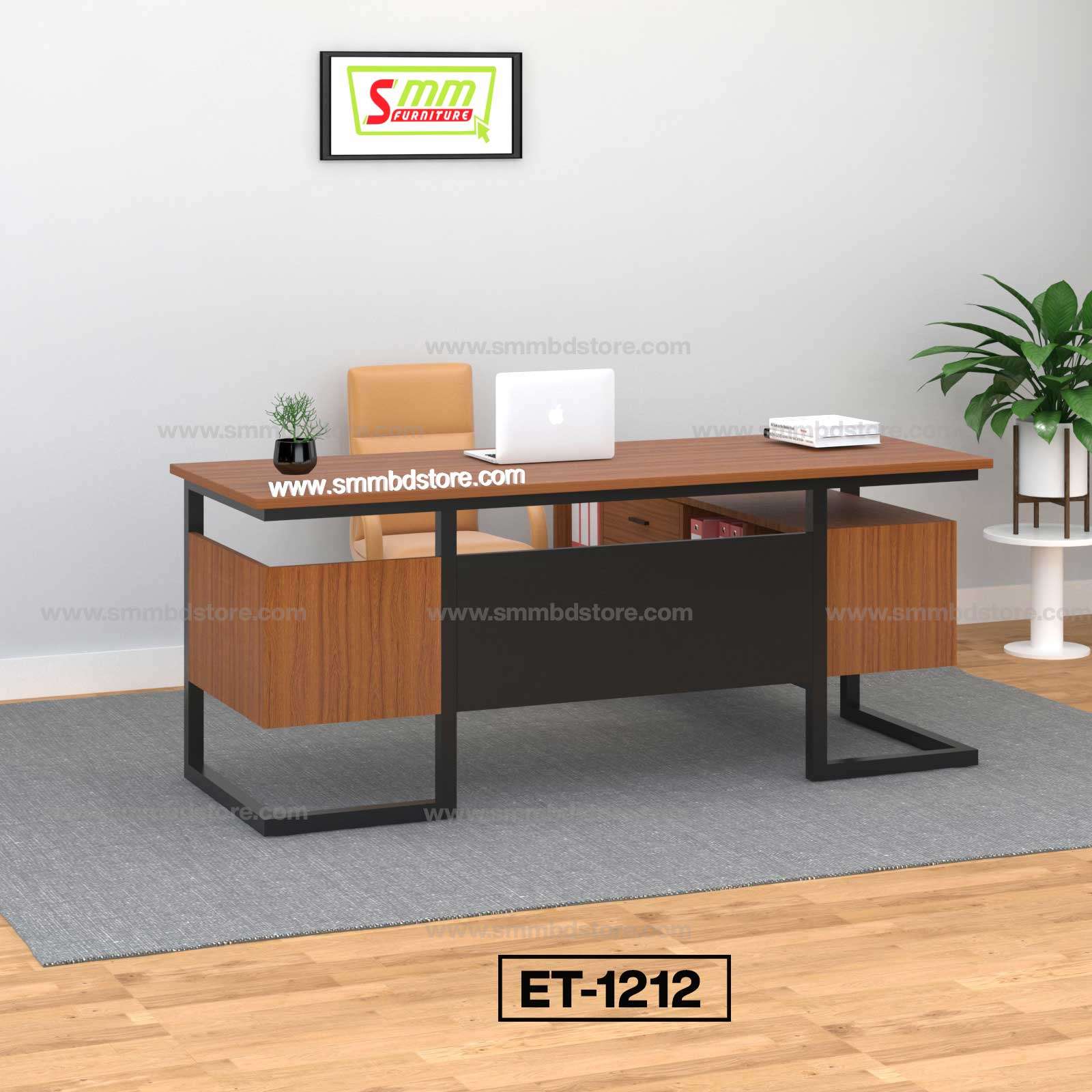Modern office desk with wood finish, metal frame, chair, laptop, and indoor plant Main image