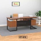 Modern office desk with wood finish, metal frame, chair, laptop, and indoor plant