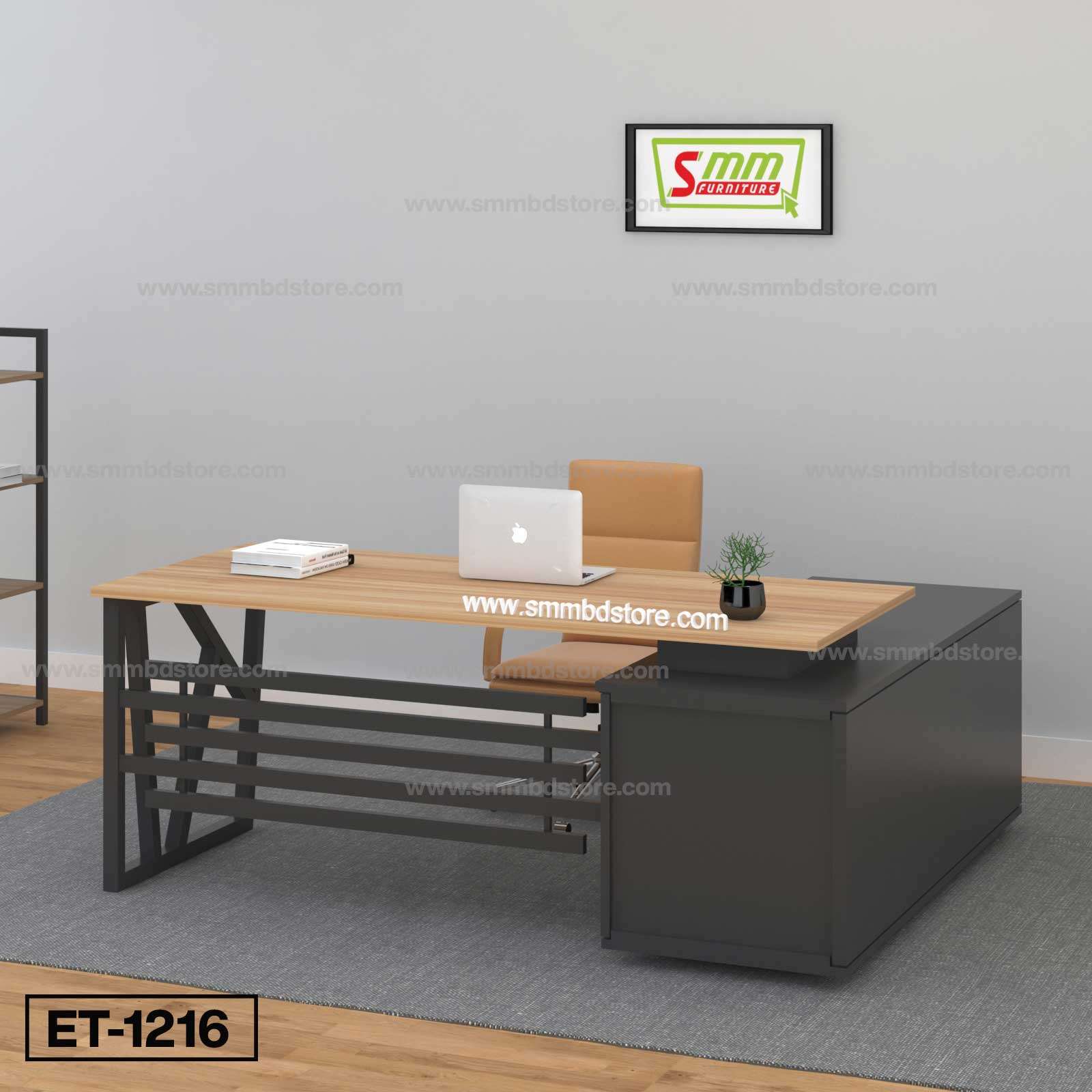 Modern office desk with wooden tabletop, metal frame, tan chair, laptop, and small plant