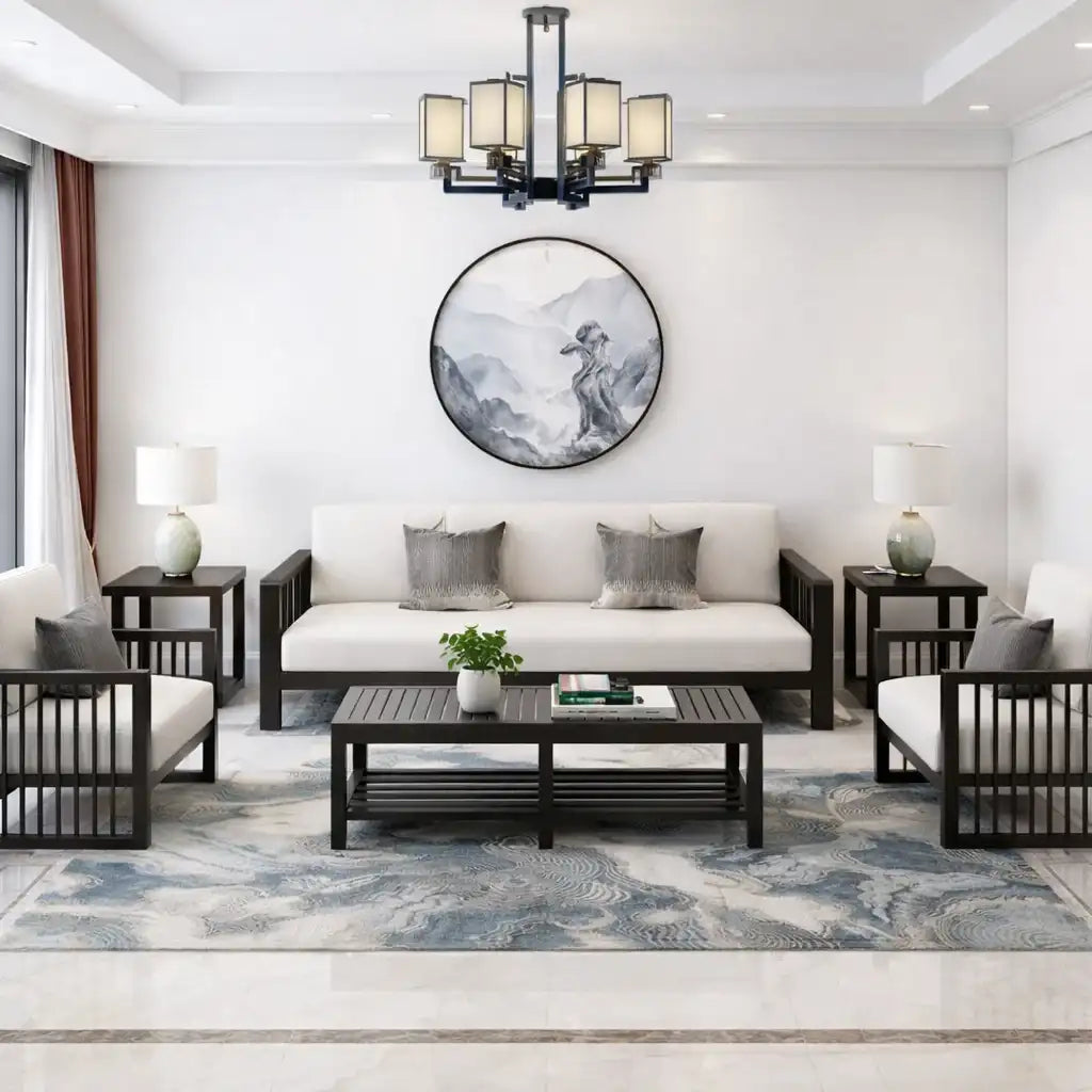 Modern living room with minimalist wooden sofa set, coffee table, and accent rug