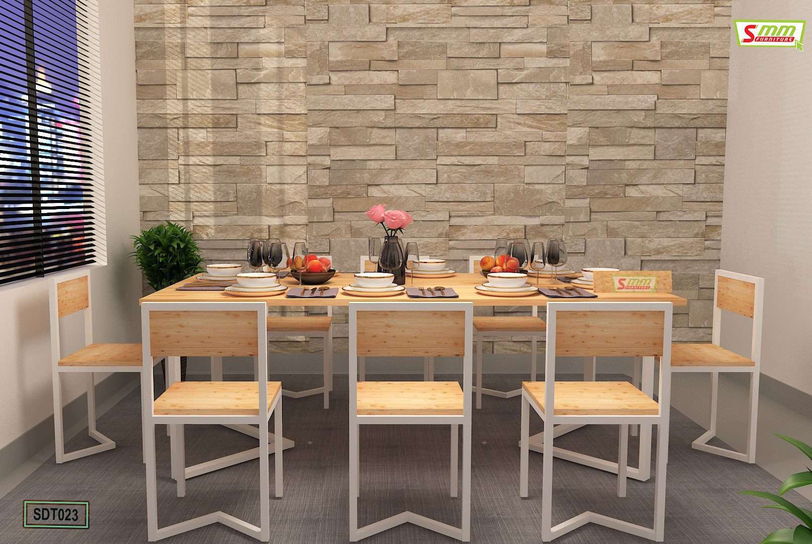 Modern wooden dining table with six chairs, set for a meal, against a stone accent wall Main image