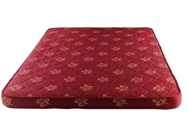 Red floral-patterned queen size mattress with quilted surface on white background Main image