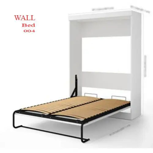 Modern white wall bed frame with pull-down wooden slats, space-saving furniture design Main image