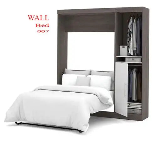 Modern wall bed with white bedding and built-in wardrobe storage, space-saving furniture Main image