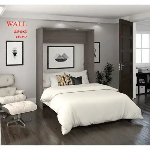 Modern wall bed in a stylish bedroom with minimalist decor, neutral colors, and art prints
