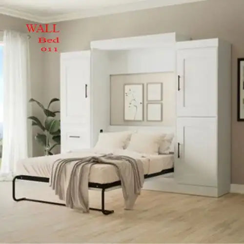 Modern white wall bed with built-in storage cabinets in a stylish bedroom setting Main image
