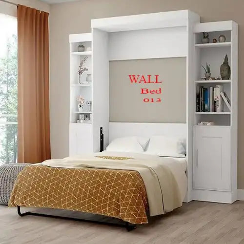 Modern white wall bed with shelves, folded down in a cozy bedroom interior Main image