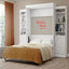 Modern white wall bed with shelves, folded down in a cozy bedroom interior