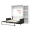 Modern wall bed with white shelving unit and fold-out frame, suitable for space-saving bedrooms