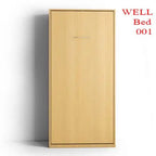 Modern wooden vertical Murphy bed with closed cabinet design against a white background