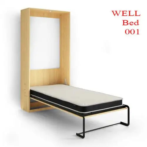Wooden single Murphy bed with black metal frame and mattress against white background Main image
