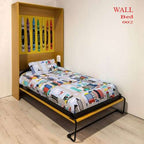 Colorful wall bed with crayon-themed headboard and city print bedding in a bright room