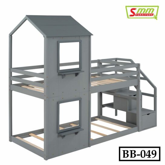 Twin Over Bunk Bed with Storage Stairs,with Roof and Window