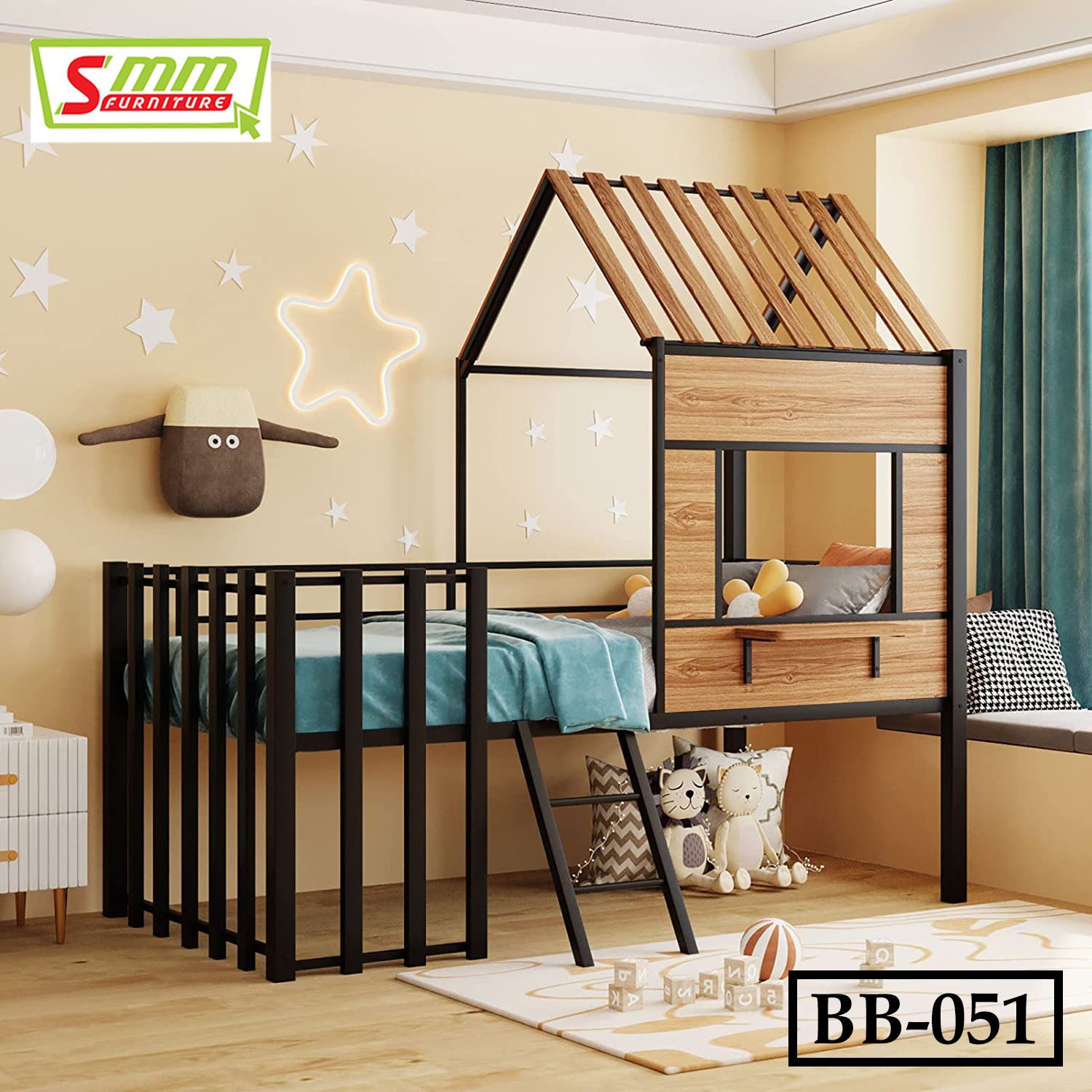 Twin Size Loft Bed with Roof & Window