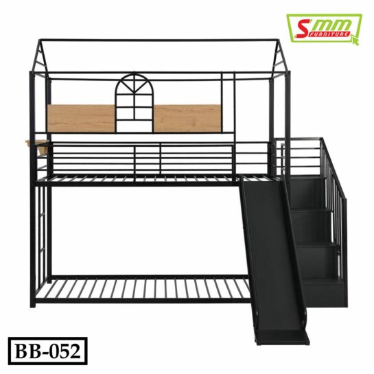 Twin Over Twin Metal Bunk Bed with Slide and Storage Stair