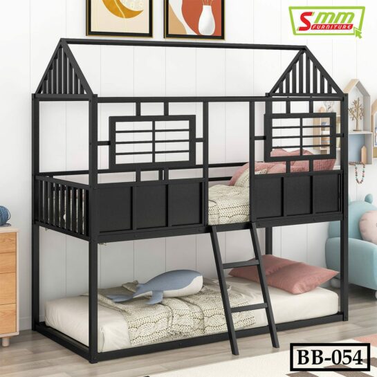 Twin Over Metal Low Bunk Bed with Roof and Fence-Shaped