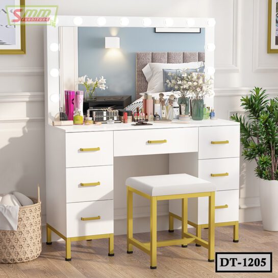 Vanity Desk Set with LED Lighted Mirror & 7 Drawers Makeup Vanity Dressing Table with Stool for Bedroom DT1205