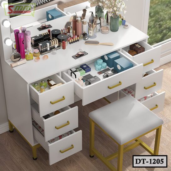 Vanity Desk Set with LED Lighted Mirror & 7 Drawers Makeup Vanity Dressing Table with Stool for Bedroom DT1205